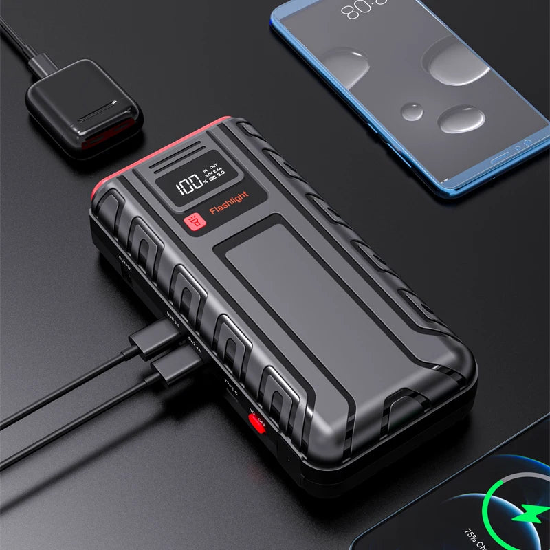 12V Car Jump Starter Power Bank – Up to 2000A Peak, 10,400–20,000mAh Portable with USB & SOS Light