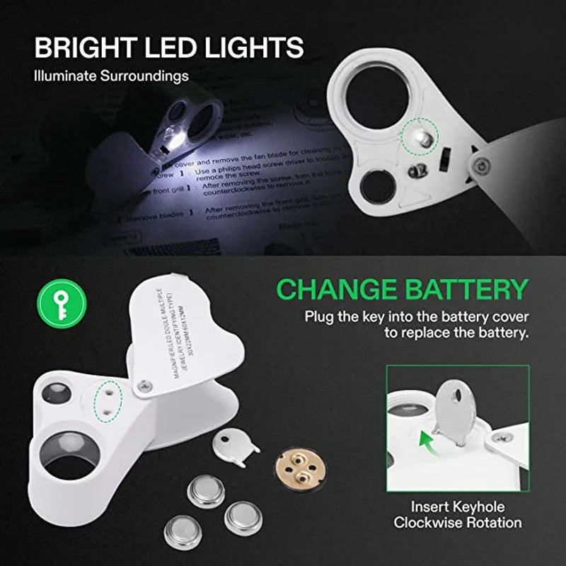 30x/60x Illuminated Jeweler's Loupe Magnifier Foldable with Bright LED Light for Gems, Jewelry, Coins & Stamps