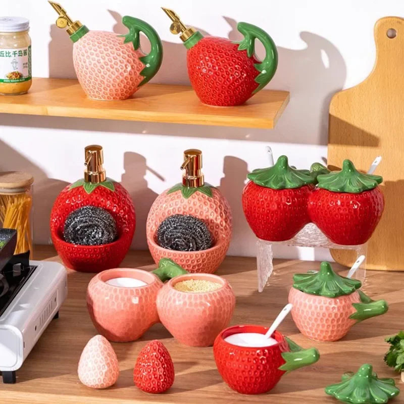 Ceramic Strawberry Oil & Vinegar Cruet - Fruit-Shaped Kitchen Seasoning Jar for Salt, Sugar, Soy Sauce