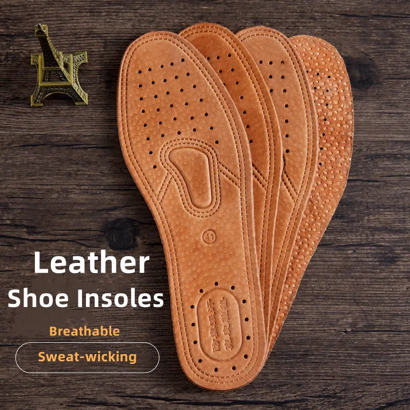 Genuine Cowhide Leather Insoles for Men - Breathable Anti-Slip Shock-Absorbing Shoe Inserts (EU35-46 / 225-280 mm)