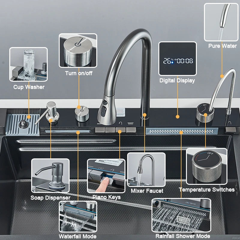 304 Stainless Steel Kitchen Sink with Digital Display Waterfall Faucet - Multifunctional Single Bowl 75 x 45 cm (29.5 x 17.7 in)