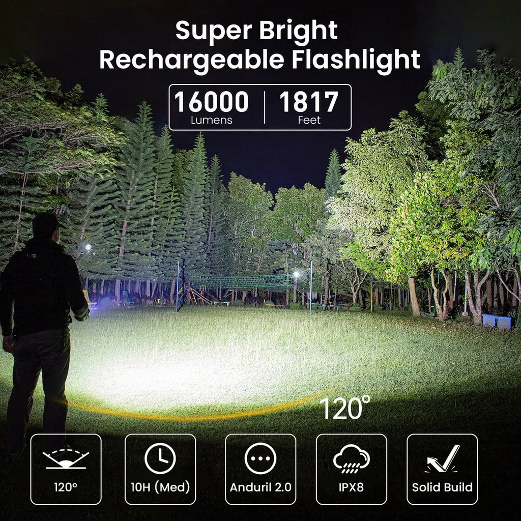 Super Powerful 16,000 Lumen LED Flashlight USB-C Rechargeable 3×21700 Batteries Reverse Charging IP68 Outdoor Tactical
