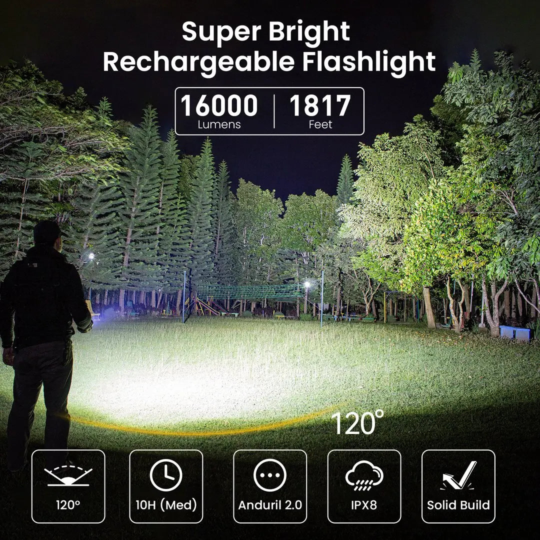 Super Powerful 16,000 Lumen LED Flashlight USB-C Rechargeable 3×21700 Batteries Reverse Charging IP68 Outdoor Tactical