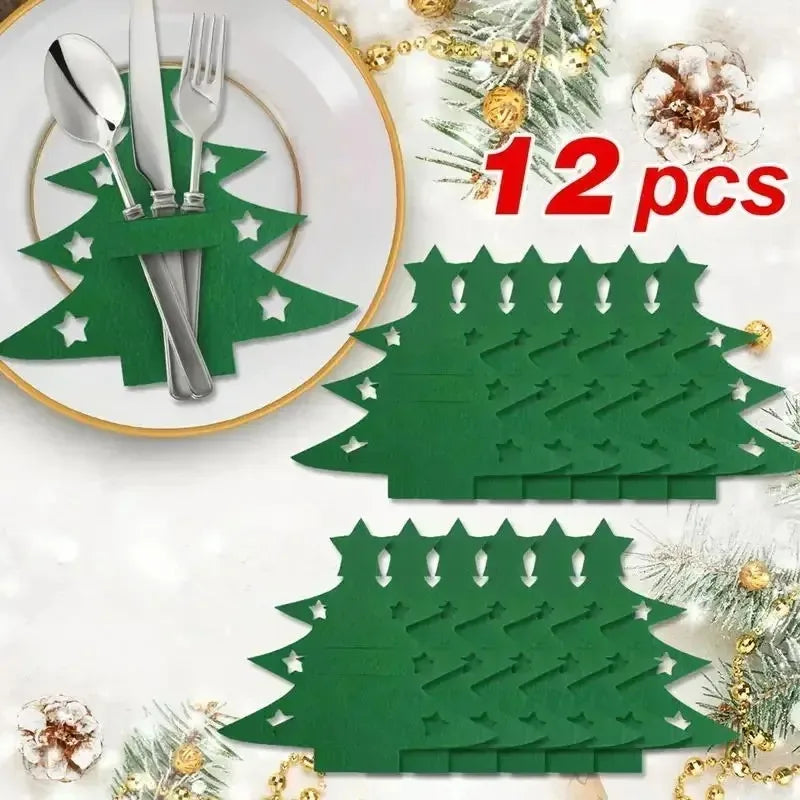 12-Pack Christmas Tree Felt Placemats with Fork and Spoon Pockets Holiday Table Decorations