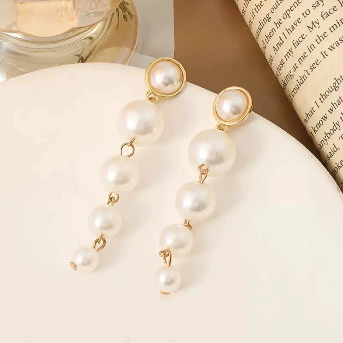 Simulated Pearl Bean Drop Earrings – Long Dangle Gold & Silver Earrings for Women