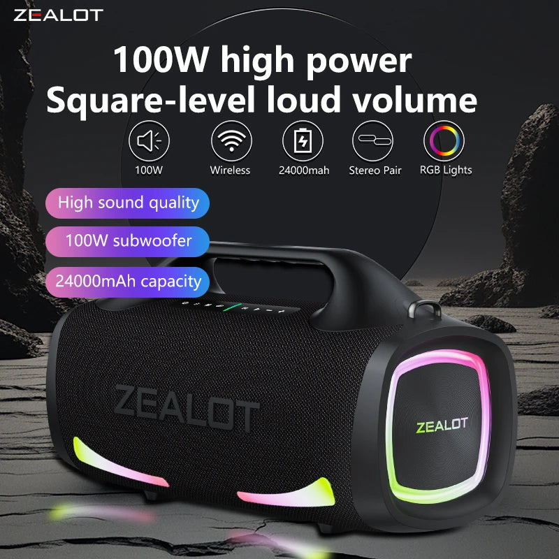 100W Wireless Portable Outdoor Speaker with Built-In Subwoofer, Hi‑Fi Sound, Dual Pairing, Fast Charging 24000mAh, Waterproof