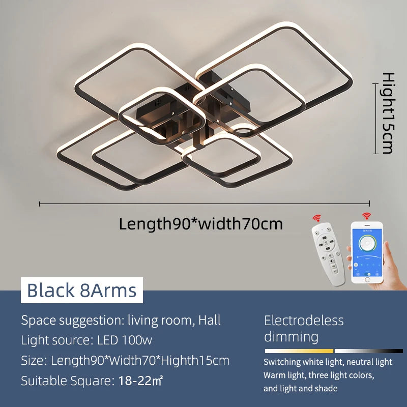 Modern LED Chandelier Dimmable Remote-Control Ceiling Light for Living Room Bedroom Study – Gold or Black, AC 90–260V