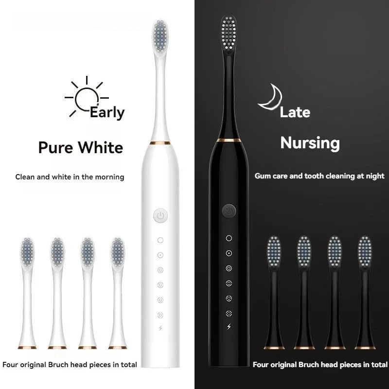 Ultrasonic Electric Toothbrush, 6-Speed USB Rechargeable Waterproof Adult Toothbrush with Soft Bristles & 4 Brush Heads