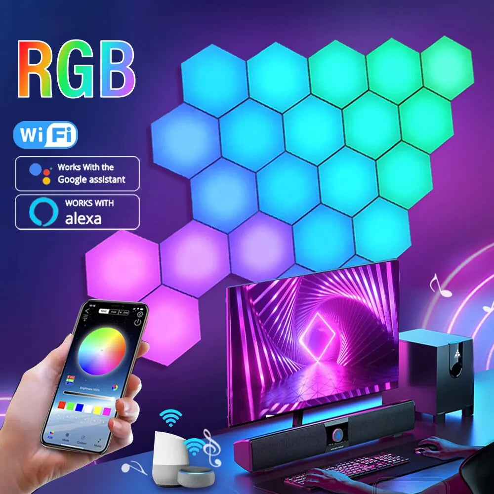 RGB Hexagonal Smart Wall Lamp - Color-Changing LED Panels with App Control, Music Sync & DIY Ambient Night Light for Bedroom Game Room