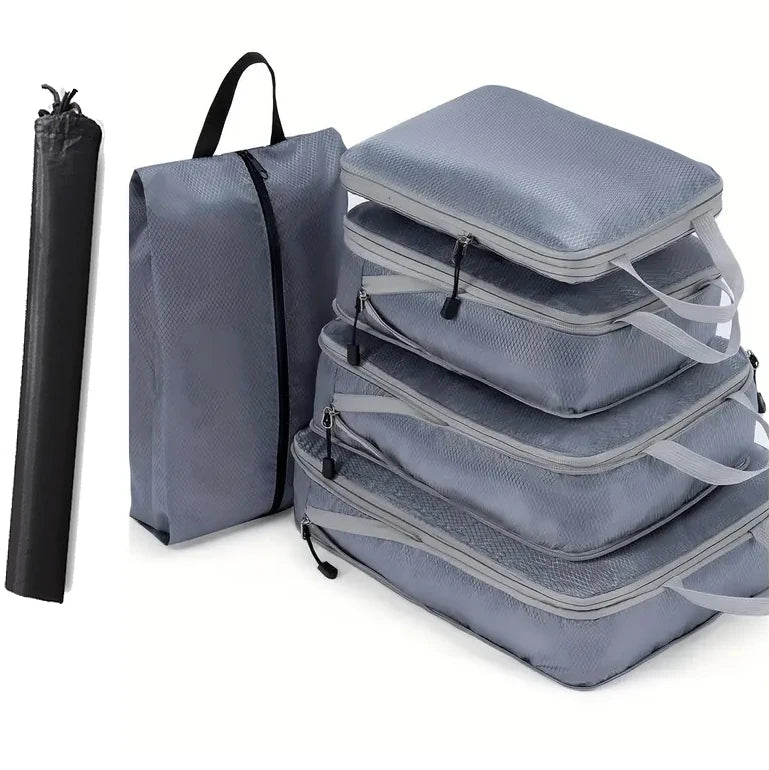 6-Piece Travel Compression Packing Cubes Set with Shoe Bag - Mesh Lightweight Luggage Organizers