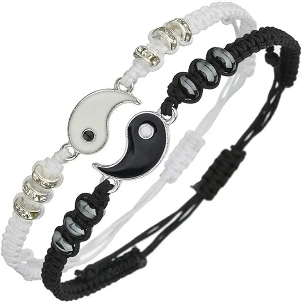 2-Piece Couples Tai Chi Bracelet Set Black & White Adjustable Rope Chain for Daily Wear