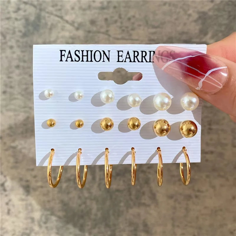 Geometric Hoop Earring Set for Women - Bohemian Pearl & Gold Drop Earrings, Vintage Punk Daily Wear Jewelry Gift
