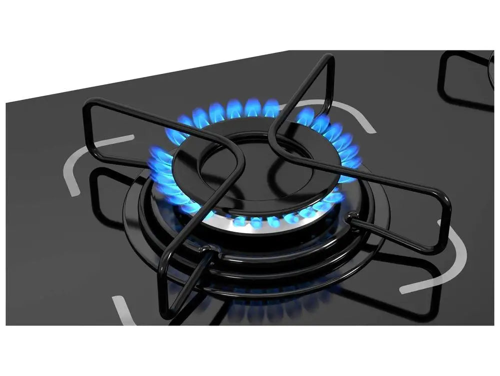 4-Burner Gas Cooktop (LPG/NG) Black - 6mm Tempered Glass Top, Bivolt