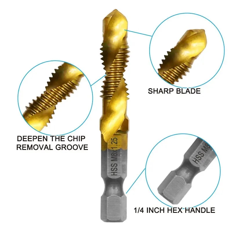 6-Piece High-Speed Steel (HSS 4341) Titanium-Plated Tap & Drill Set - Integrated Machine Taps with Chamfering Tools