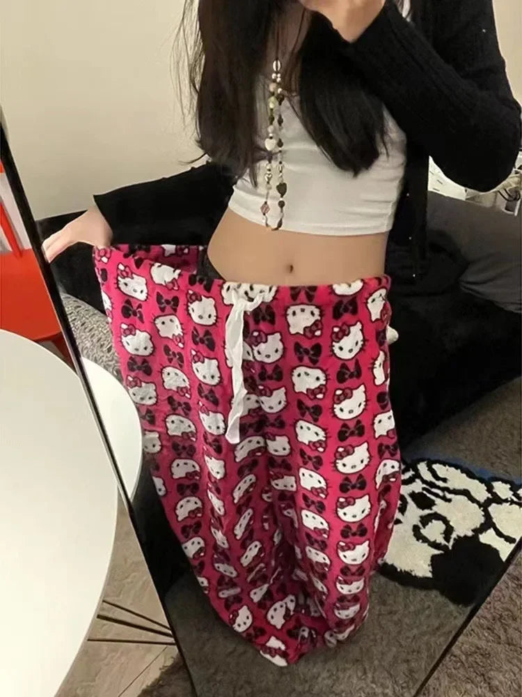 Hello Kitty Flannel Pajama Pants – Kawaii Cartoon Velvet Lounge Pants for Girls & Women, Fall Winter Home