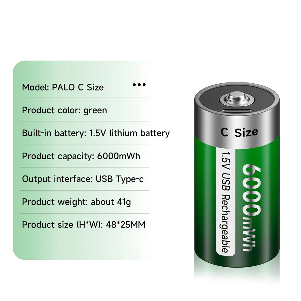 USB-C Rechargeable C-Size Li-Ion Battery 2500mAh (LR14)