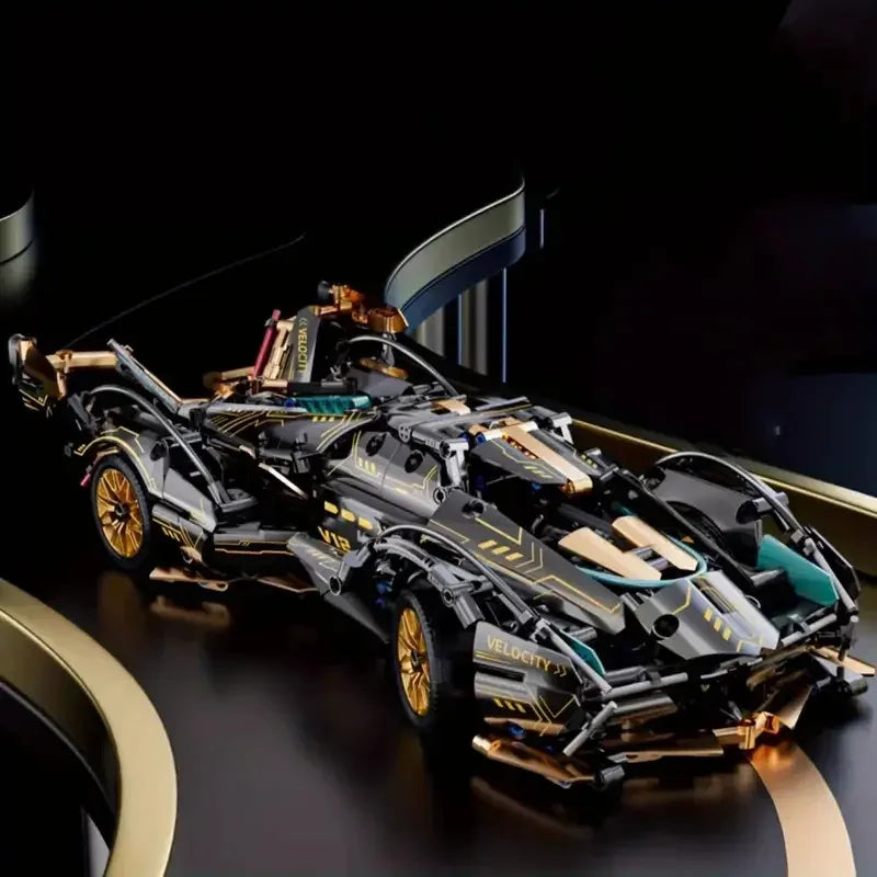 V12 Micro Building Block Racing Car Model – Black & Gold Desktop Collectible, Birthday Gift