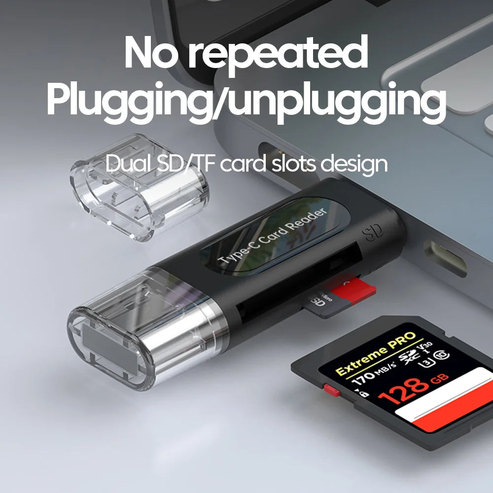 4-in-1 USB Type-C Card Reader - SD/TF (microSD) & Memory Stick, USB 2.0 External Adapter (Black)