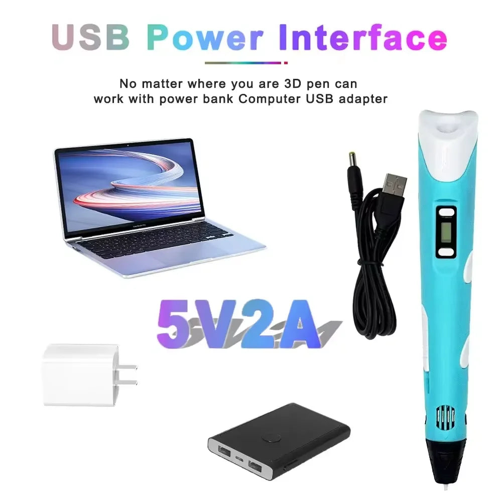 USB Rechargeable 3D Printing Pen with 9M PLA Filament (1.75mm) — Adjustable Speed, 180–220°C Heat, DIY 3D Pen for Kids & Adults