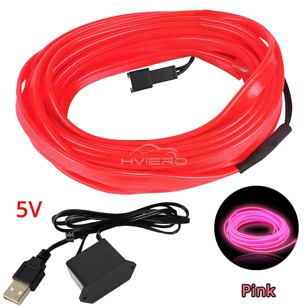 Car Interior LED Strip Light 1/2/3/5M – Flexible Neon Rope USB & 12V Ambient Door Dashboard Lighting