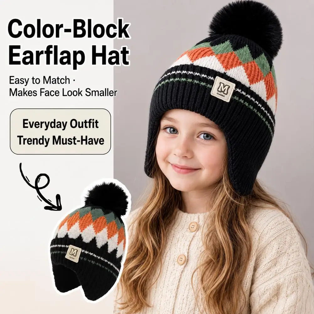 Kids Knitted Winter Beanie with Pom Pom & Earflaps - Fleece-Lined Windproof Toddler Hat 48-54 cm (18.9-21.3 in) - Children's Gift