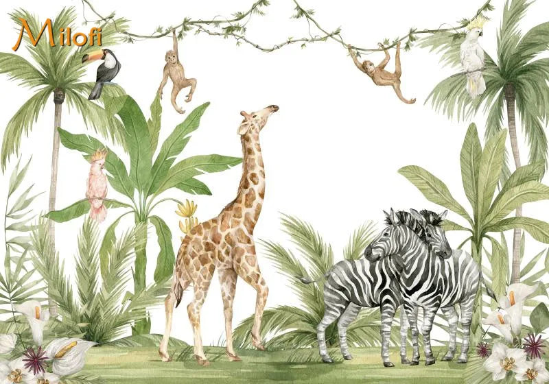 Custom Watercolor Jungle Animal Peel-and-Stick Wall Mural - Giraffe Elephant Zebra Nursery & Kids Wallpaper