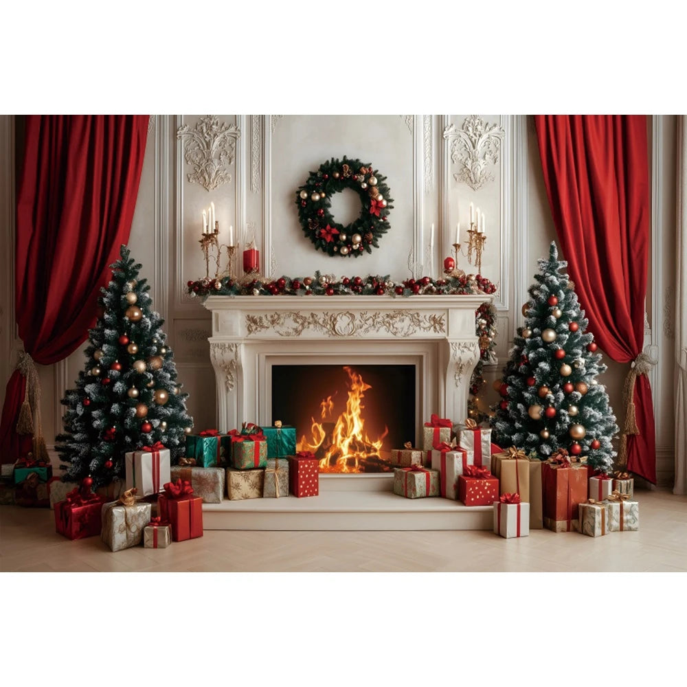 Christmas Photography Backdrop - Red Curtain & Window Scene with Snowy Bear and Gifts for Kids & Family Portraits
