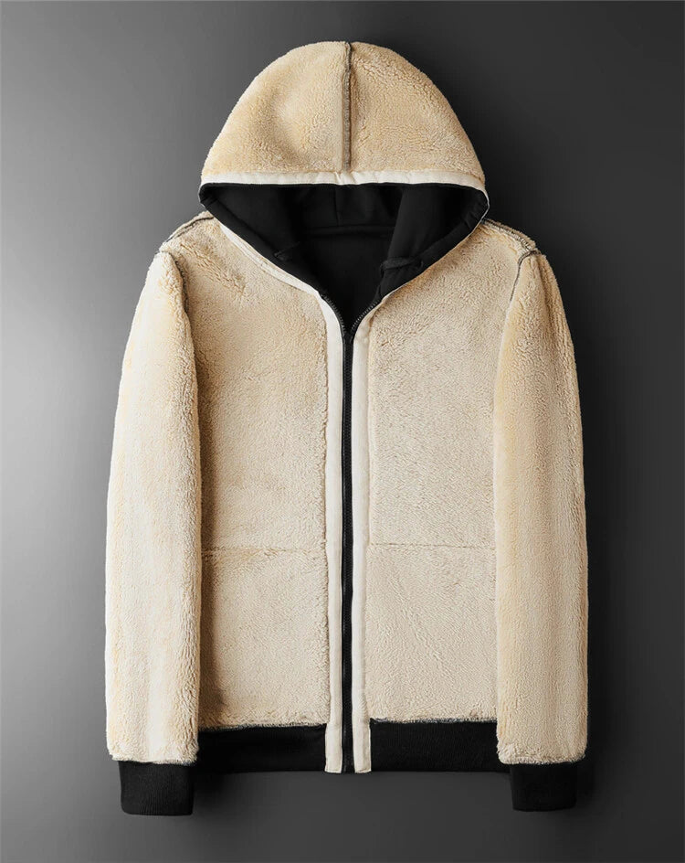 Lambswool-Lined Fleece Hooded Jacket – Thick Zip Winter Coat for Men & Women, Black