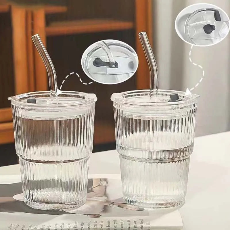 450ml (15.2 fl oz) Glass Tumbler with Lid and Straw, Leakproof High-Temperature Coffee & Tea Cup