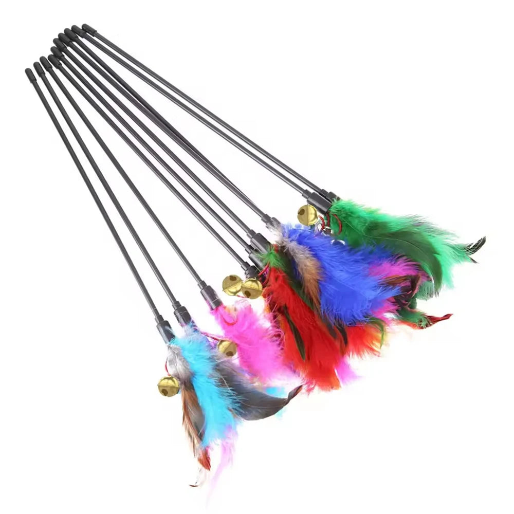 5-Pack Interactive Cat Feather Wand Toys - Colorful Feather Teasers with Bell