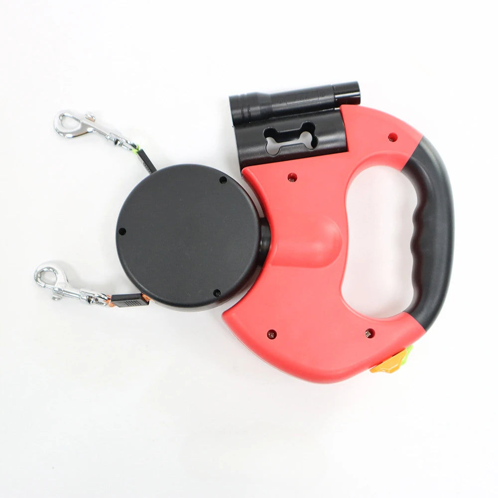 Retractable Dual Dog Leash with LED Flashlight - 10 ft (3.05 m) Extendable Two-Lead Leash