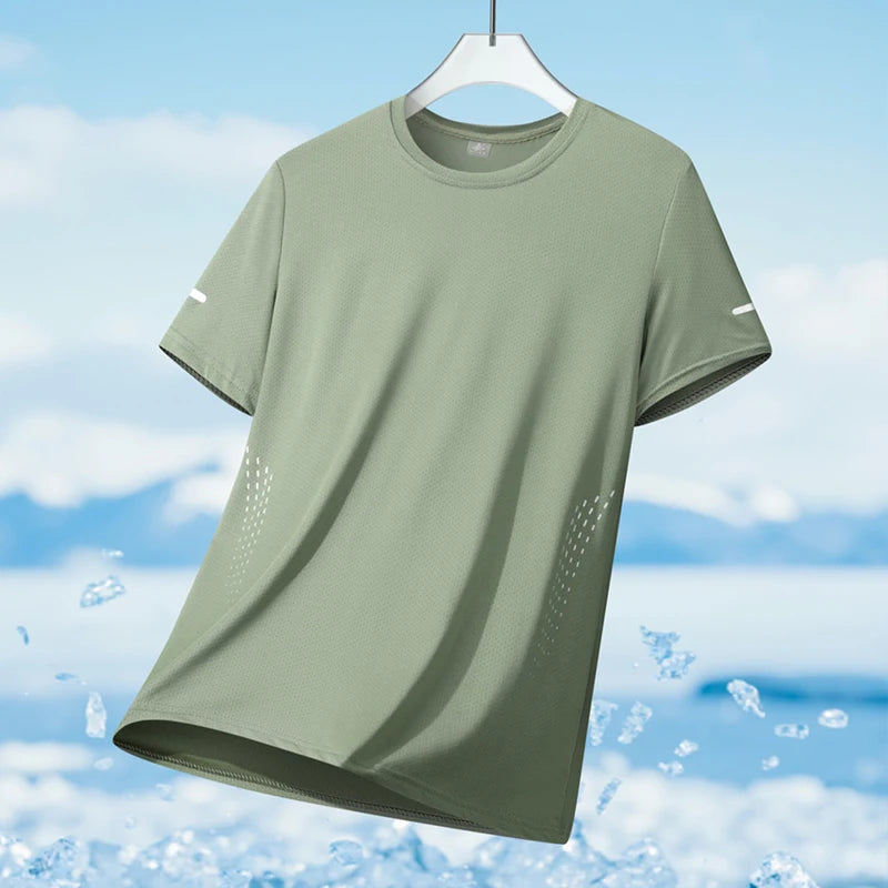 Men's Running T-Shirt Ice Silk Quick-Dry Breathable Mesh Short Sleeve Athletic Tee with Reflective Print
