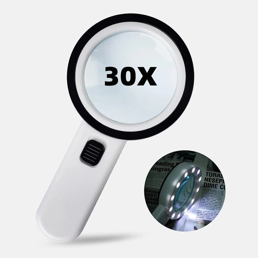 30X Handheld Magnifying Glass with 12 LEDs, Double Glass Lens Illuminated Magnifier for Reading, Jewelry & Watch Repair