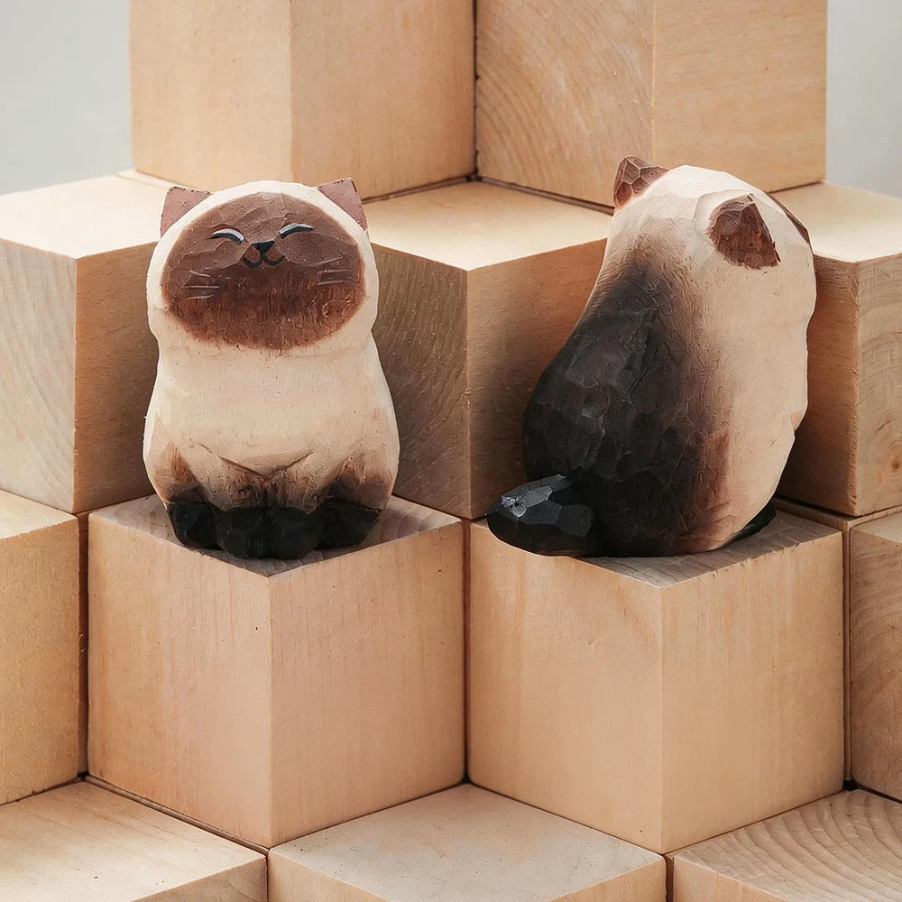 Set of 13 Hand-Carved Wooden Cat Figurines – Basswood Kitty Statues for Desk, Shelf, Car & Home Decor