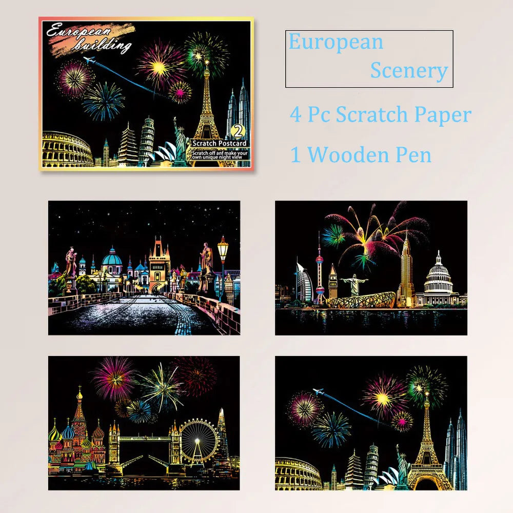 DIY Scratch Art Postcards A5 (20 x 14 cm | 7.9 x 5.5 in) 4‑Pack Night Scene Rainbow Scratch‑Off Sheets with Bamboo Stylus — Kids & Adult Craft Gift