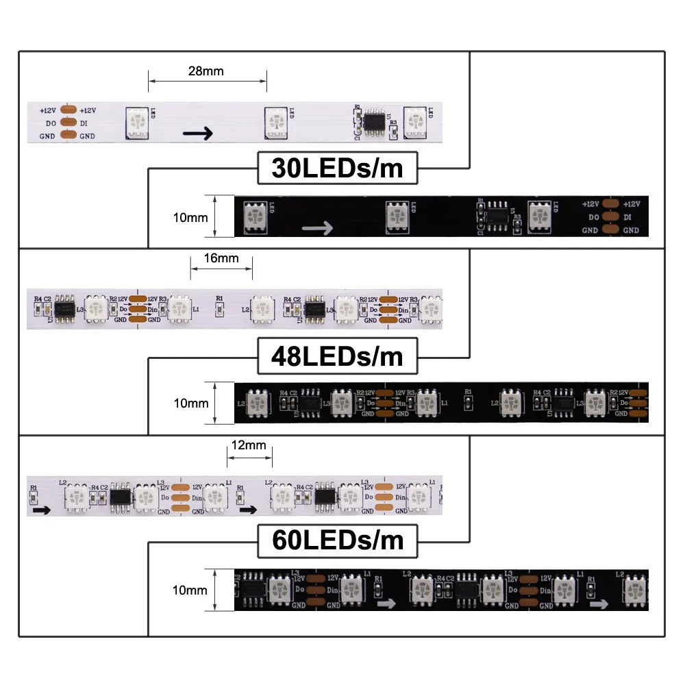 5050 RGBIC Individually Addressable LED Strip — 30/60/144 LEDs per Meter, DC 5V/12V, IP30/IP65/IP67 Waterproof Options