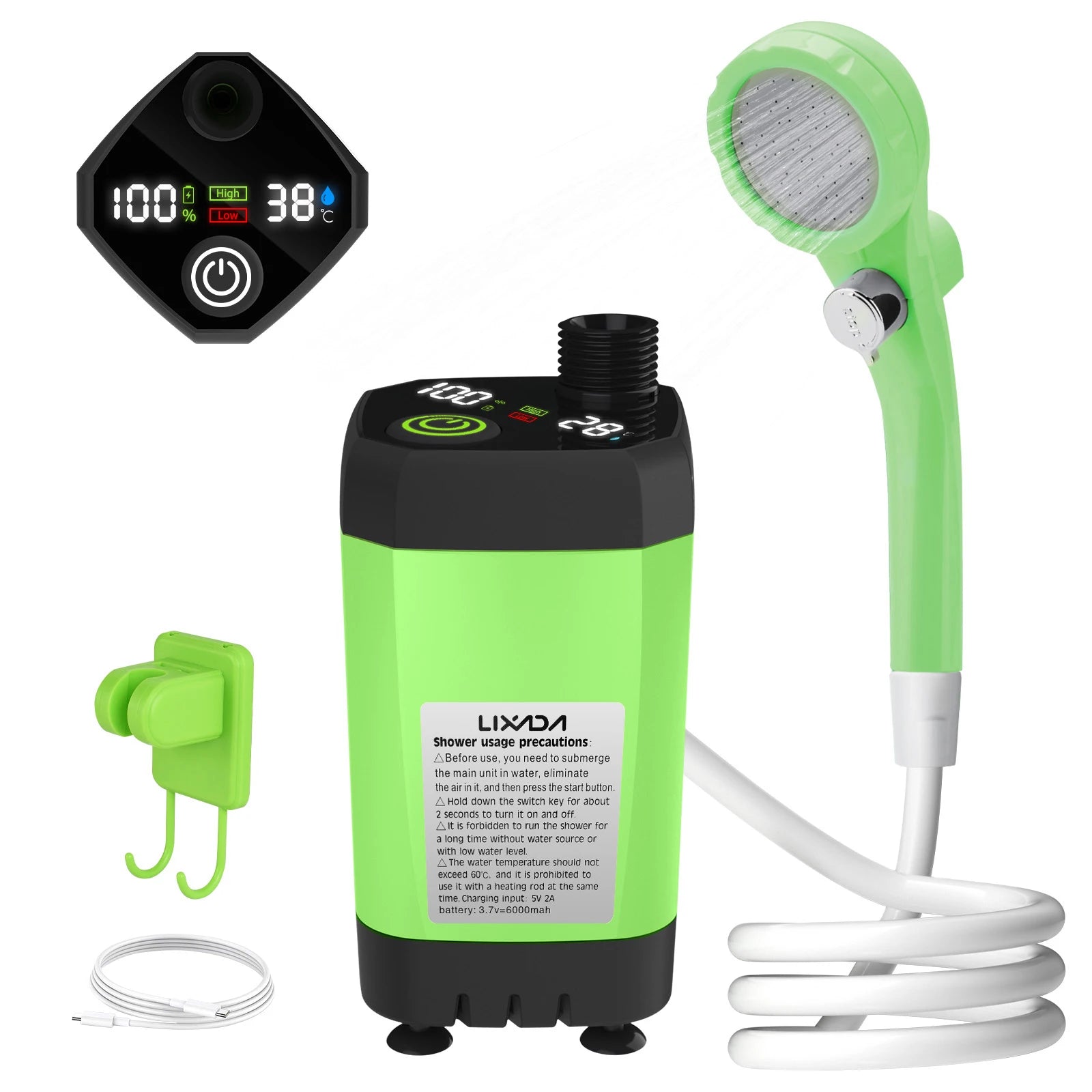 Portable Camping Shower Pump 6000mAh – USB Rechargeable RV Outdoor Shower Kit with Full-Screen Digital Display & Adjustable Energy-Saving Mode