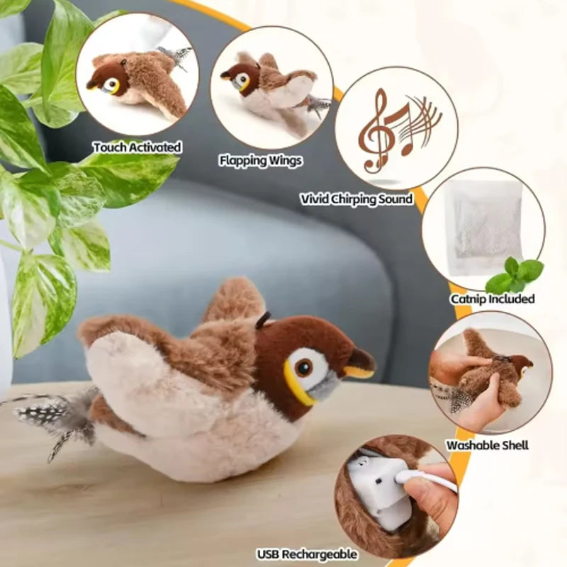 Simulated Chirping Bird Plush Pet Toy — Rechargeable Touch-Activated Interactive Toy for Cats & Dogs
