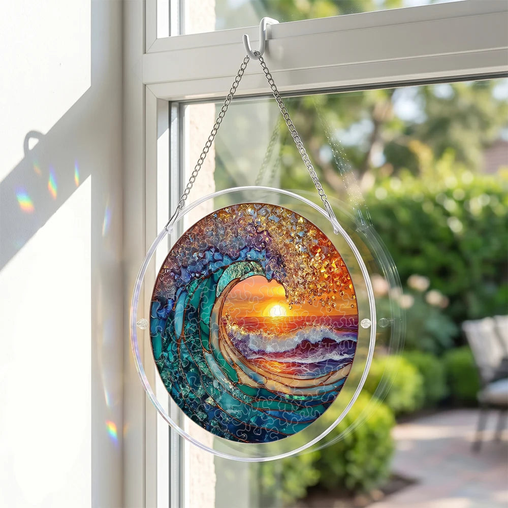 Ocean Wave Sunset Acrylic Suncatcher Puzzle – Stained Glass Style Window Hanging Decor Kit with Chain