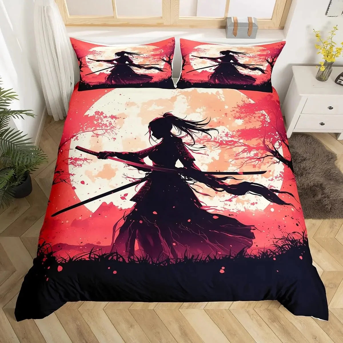 Japanese Samurai Duvet Cover Set 3-Piece - Cherry Blossoms Red Sun & Mount Fuji Print - Multiple Sizes (Twin/Full/Queen/King)
