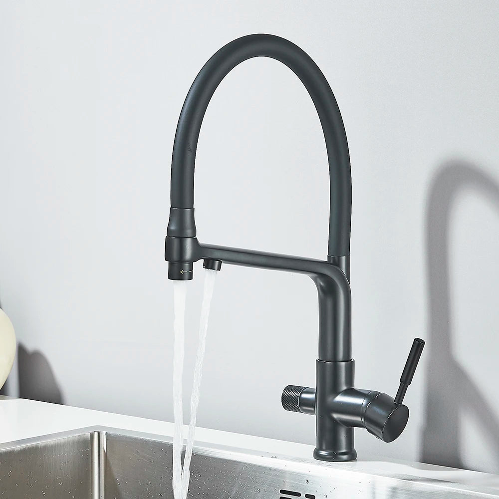 Brass Kitchen Water Filter Faucet Dual-Spout Mixer – 360° Swivel Filtered Drinking Tap, Hot & Cold