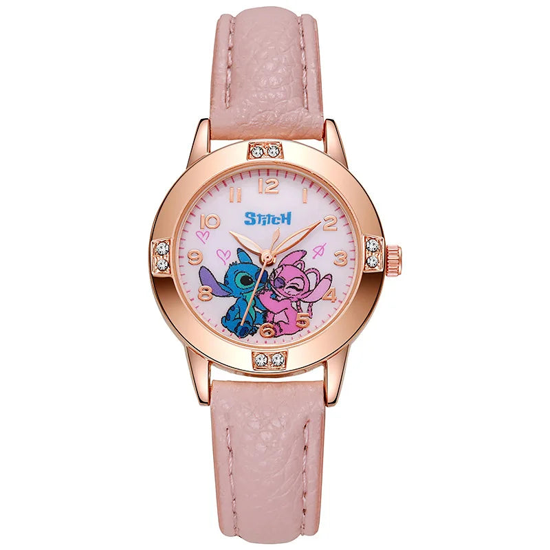 Girls Cartoon Leather Strap Watch with Rhinestone Dial — Rose Gold Cute Kids Watch