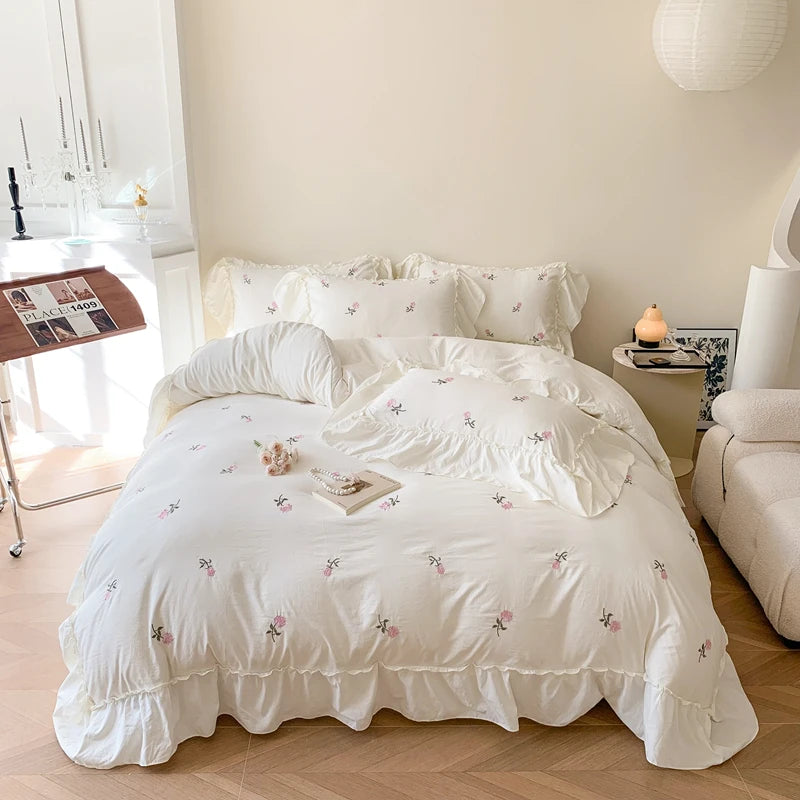 3‑Pc Rose Embroidered Duvet Cover Set with Ruffled Lace Pillowcases — Princess Bedding, Multiple Bed Sizes