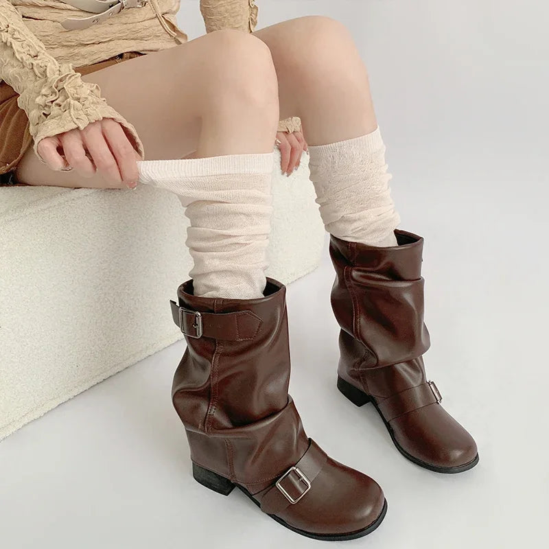 Women's Gray Knit Calf Leg Warmers - Cotton-Blend Ballet Pile Socks for Autumn