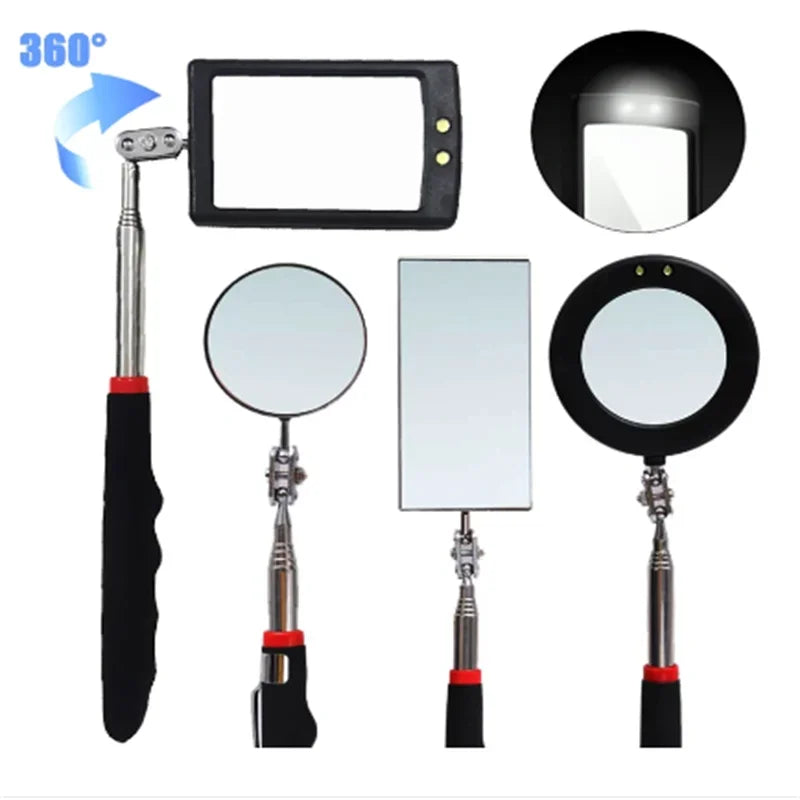 360° Telescoping Inspection Mirror with LED Light & Magnetic Head — Extendable 9.4–28.7 in (24–73 cm) for Car Repair