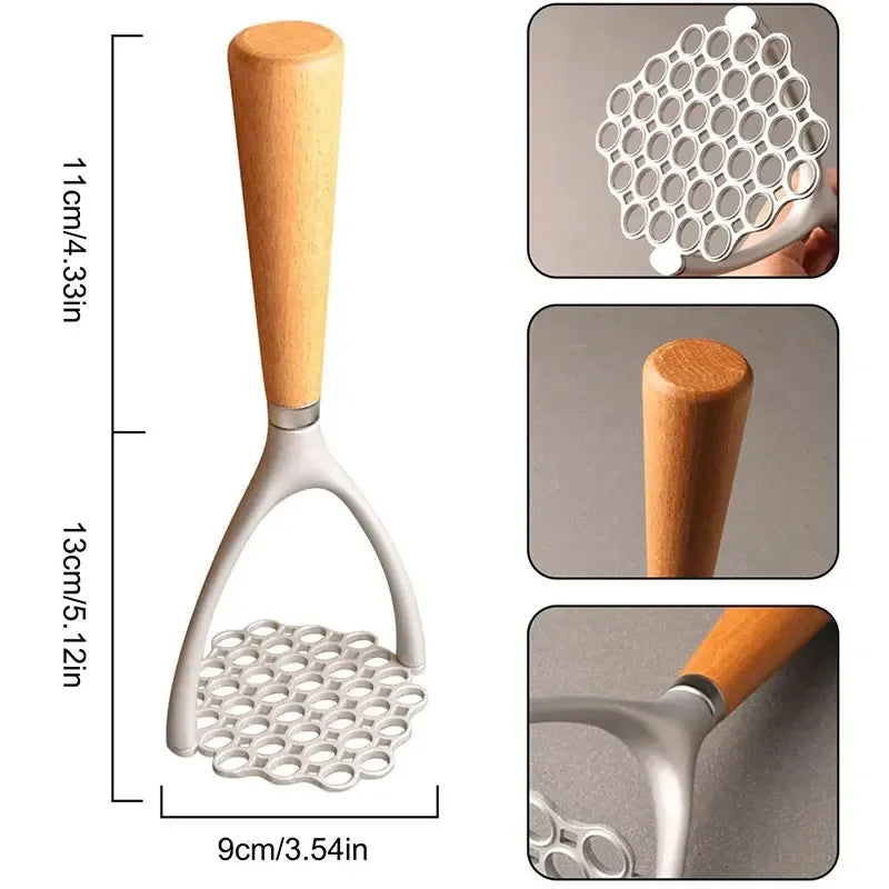 Aluminum Potato Masher with Wood Handle, Manual Ricer & Garlic Pusher Kitchen Tool