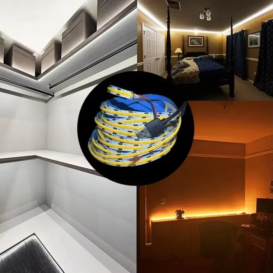 USB 5V COB LED Strip Light — 320 LEDs/m High-Density Flexible Tape, 0.5–5m (1.6–16.4ft), 3000K/4500K/6500K, CRI>90