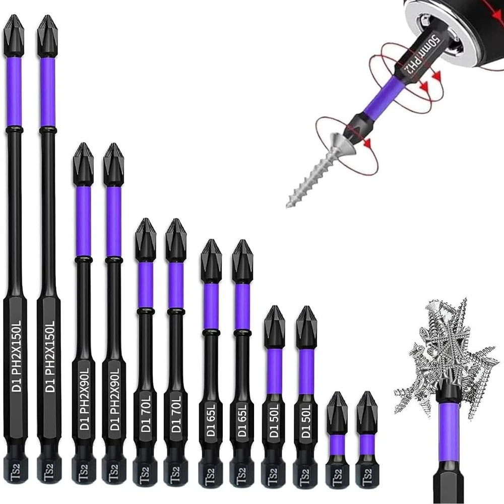 6/12-Piece Magnetic Impact Screwdriver Bit Set — Non-Slip Shockproof Phillips Torsion Bits, 1/4 in (6.35 mm) Hex Shank, Alloy Steel