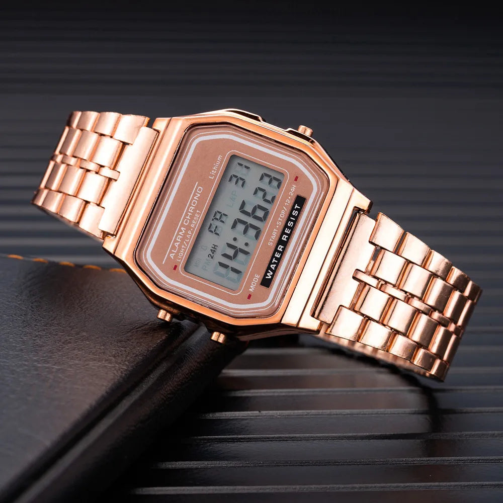 Women's Digital Stainless Steel Watch – Gold & Silver Business Electronic Wristwatch