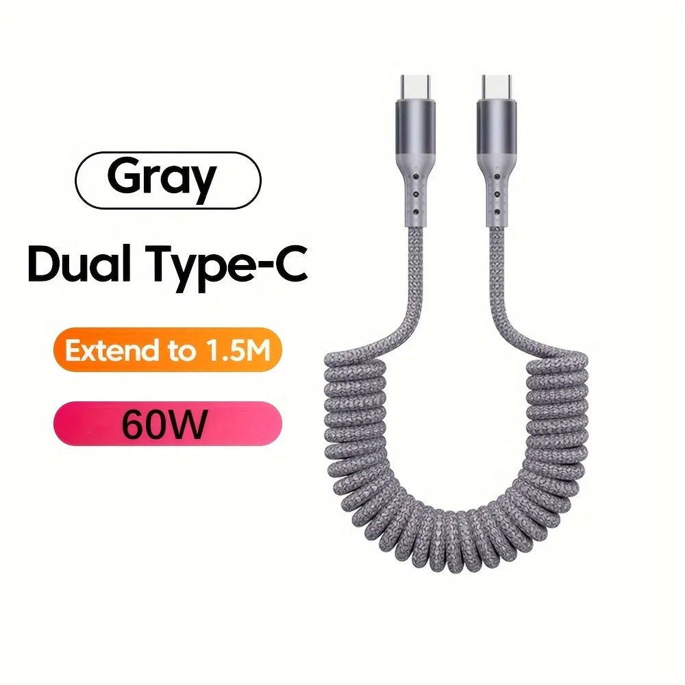100W USB-C Coiled Car Fast Charging Cable – PD 100W Fast Charge & 60W Data Sync, USB 3.1 Type-C
